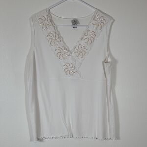 Y2K Babydoll Tank Top Lace Trim Size L Fairy Lettuce V Neck Sequin 90s Womens